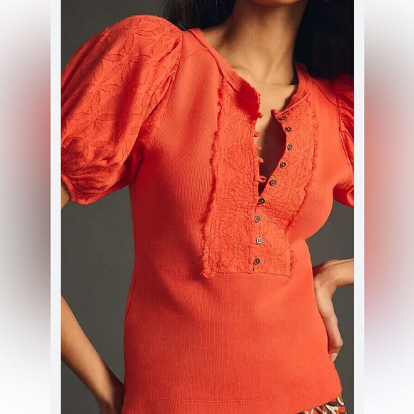 Anthropologie Pilcro Bella Henley Puff Sleeve Top - Picture 2 of 15